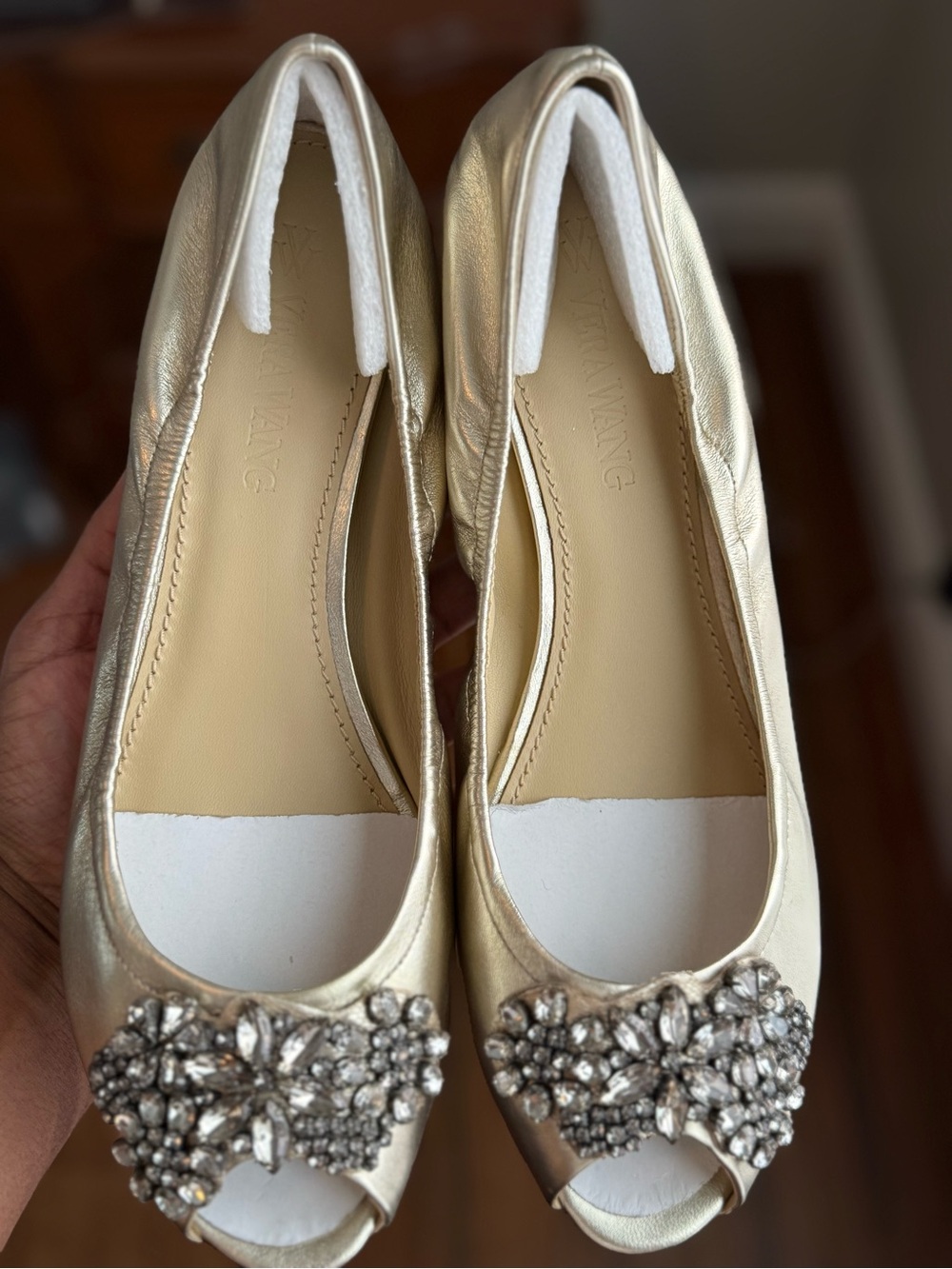 Vera Wang Gold Crystal Peep-Toe Ballet Flats
